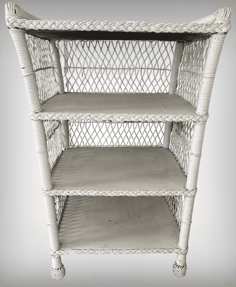 Vintage White Painted Wicker Three-Tier Shelf Unit