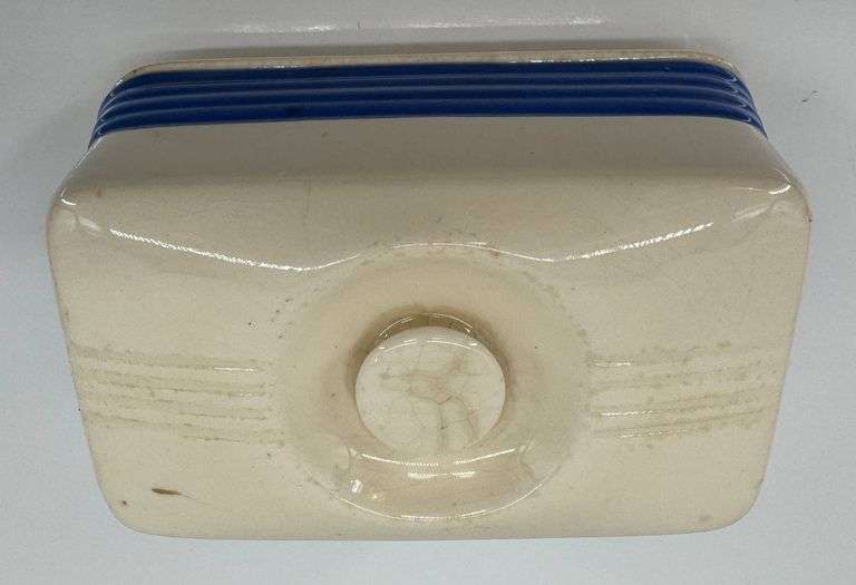 Hall China Kitchenware Cream and Blue Ribbed Pitcher and Butter Dish Set