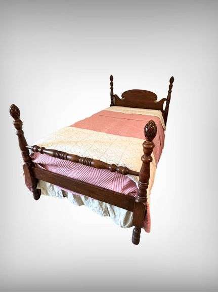 Antique Mahogany Carved Wooden Twin Bed Frame With Pineapple Finials