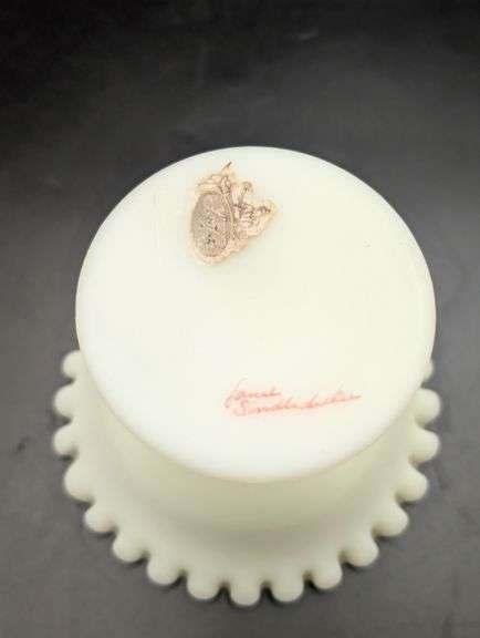 Vintage Uranium Custard Fenton Hand Painted Ruffled Edge Compote signed on bottom