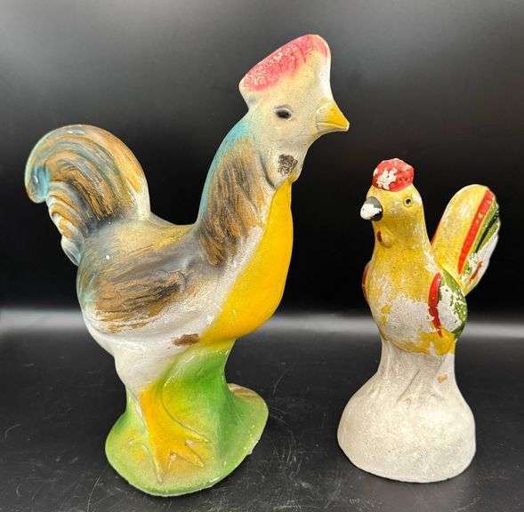 Vintage Chalkware Painted Rooster Figurines in Vibrant Colors