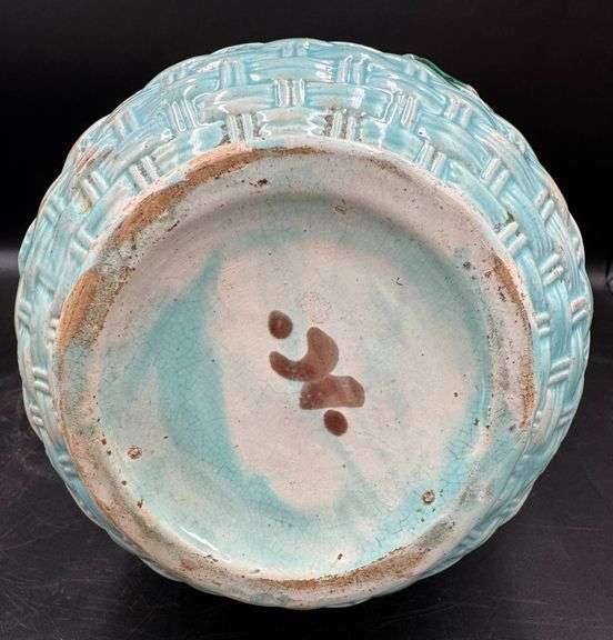 Antique Large Turquoise Dogwood Basketweave Majolica Pitcher