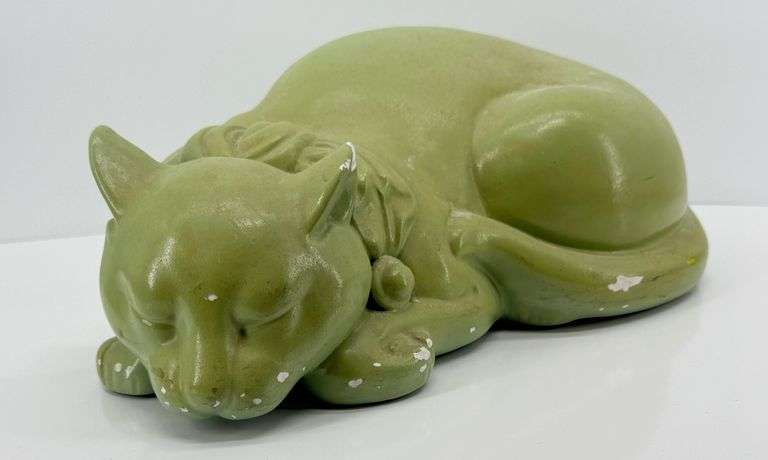 Vintage Large Green Chalkware Sleeping Cat Figurine