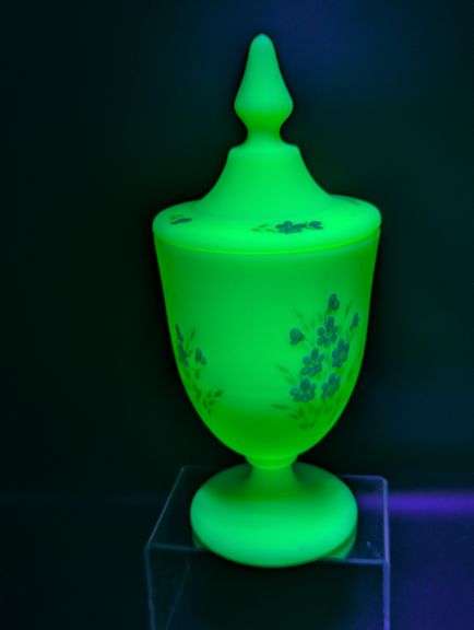 Vintage Uranium Fenton Custard Glass Hand-Painted Pedestal Candy Dish with Lid
