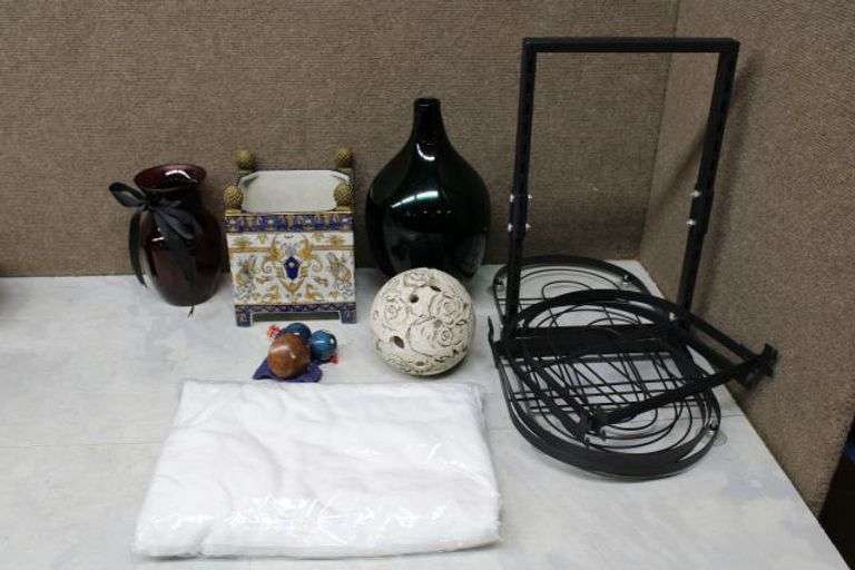 Ceramic Box, Glass Vases, Metal Stand, and More