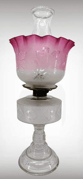 Beautiful Antique Glass Oil Lamp With Pink Satin Glass Shade and Etched Base