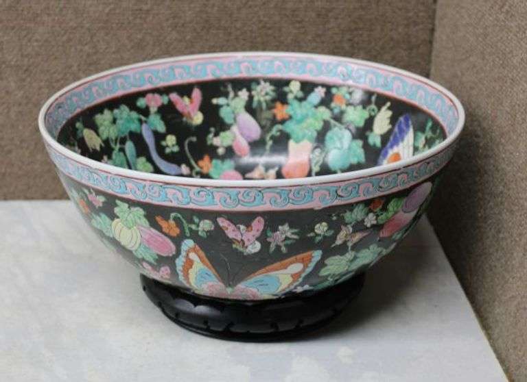 Porcelain Bowl with Black Background, Butterfly Motif, and Wooden Stand