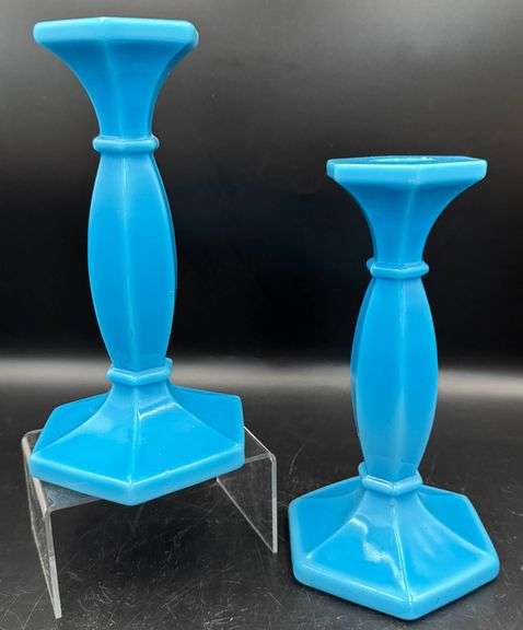 Pair Vintage Cambridge Glass Azurite Blue Hexagonal Candlesticks