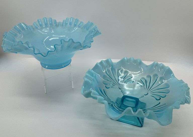 Fenton Blue Ruffled Glass Bowls With Floral Design