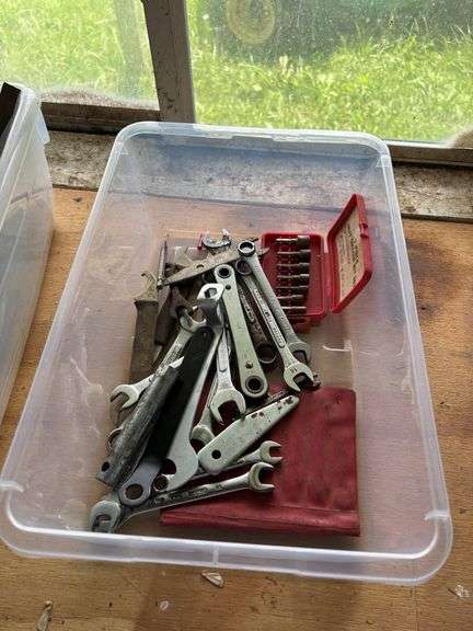 Plastic Bin with Utility Lighters, Wrenches, and 7-Piece Nut Driver Bit Set