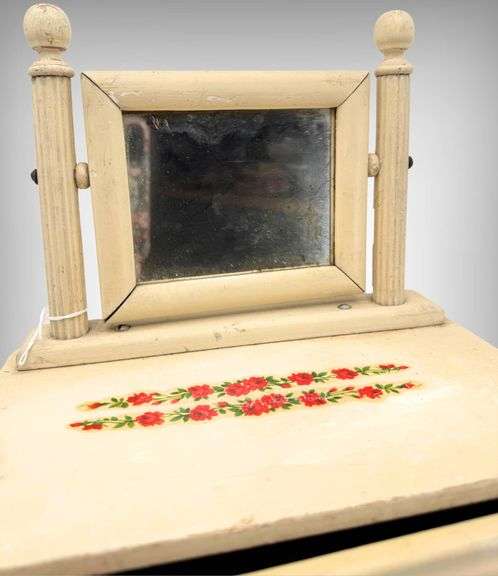 Vintage Wooden Miniature Child’s Doll Dresser with Mirror and Floral Detailing