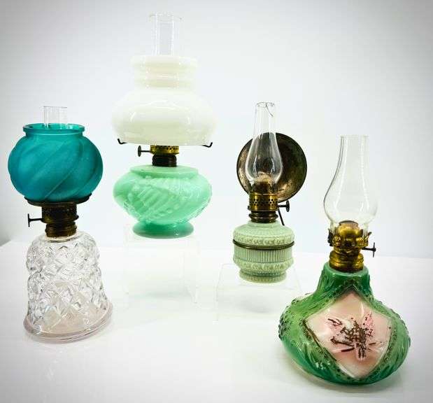 Four Vintage Glass Oil Lamps in Mixed Styles and Colors
