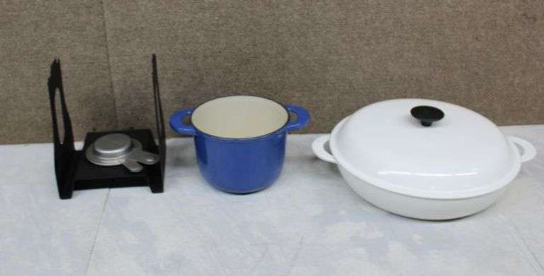 Le Creuset White Enameled Cast Iron Braiser, Blue Dutch Oven, and Stainless Steel Pan Spatula Set