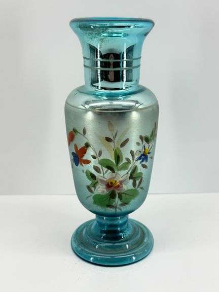 Hand-Painted Blue Iridescent Glass Vase with Floral Design