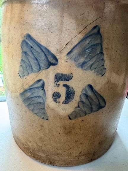 5-Gallon Salt-Glazed Stoneware Crock with Blue Tornado Design