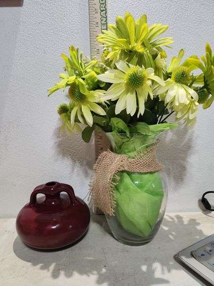 Artificial Flowers, 8" Vase & Small Red Ceramic Bud Vase