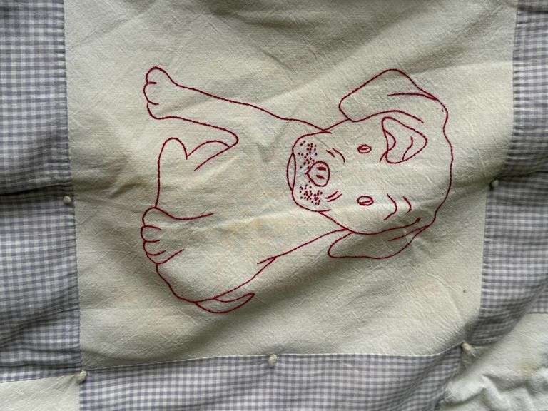ADORABLE Antique Redwork Handmade Embroidered Quilt with Animal Designs and Gingham Accents