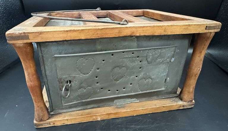 Primitive Wood and Tin Footwarmer with Heart Design Punched Tin Panels