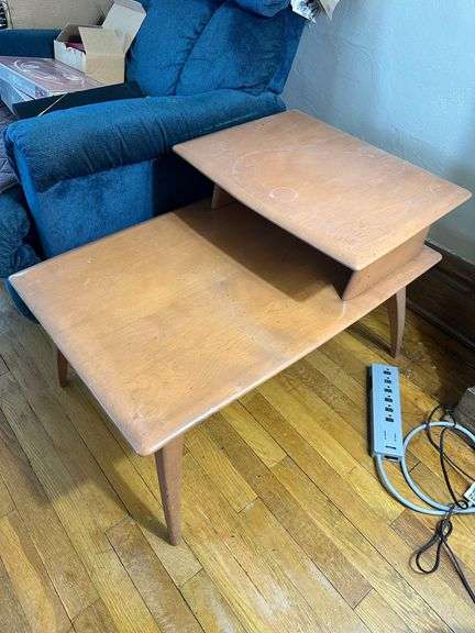 Pair of Mid-Century Two-Tier Blonde Wood End Table