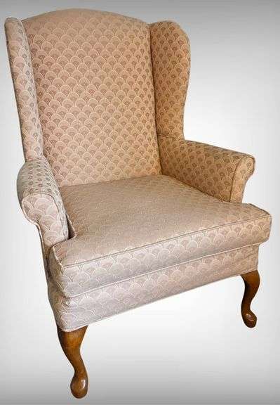 Wingback Chair with Patterned Upholstery and Queen Anne-Style Legs