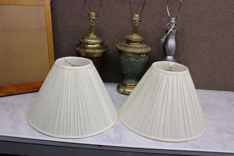 Table Lamps with Shades and a Decorative Wooden Wall Mirror