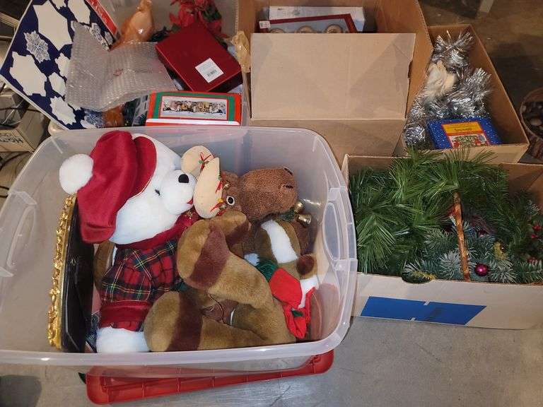 Several boxes of Christmas items