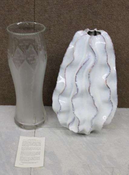 Decorative Vases, Including White Textured Vase and Frosted Etched Glass Vase