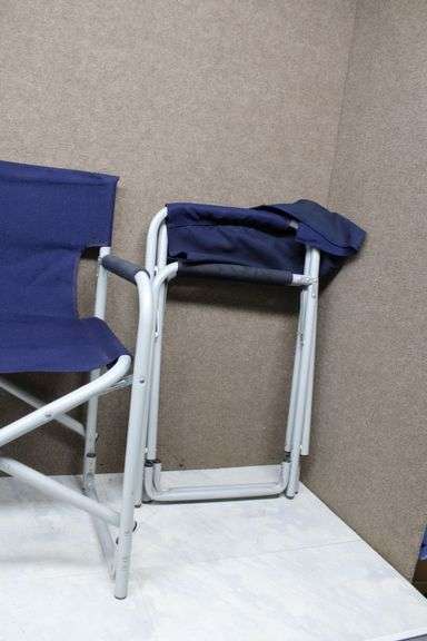 Two Blue Canvas and Metal Folding Chairs