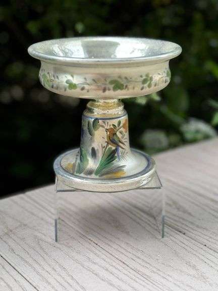 Antique Mercury Hand-Painted Glass Pedestal Bowl with Floral and Bird Motif