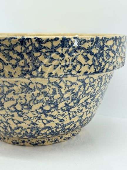 Large Roseville Blue and Beige Spongeware Mixing Bowl with USA Mark