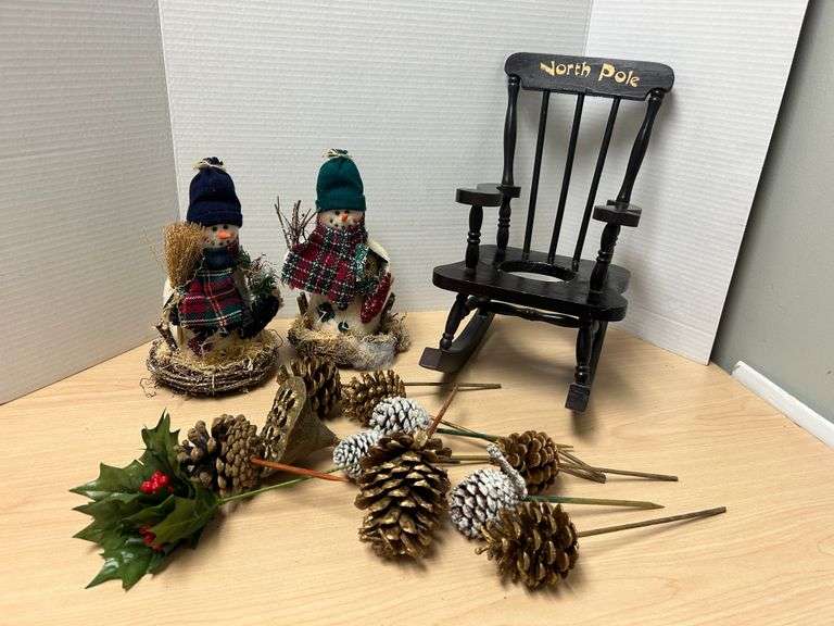 Christmas Décor Lot – Snowmen, Mini Rocker & Pine Picks