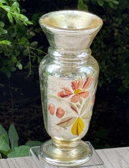 Antique Mercury Hand-Painted Floral Silver Overlay Glass Vase