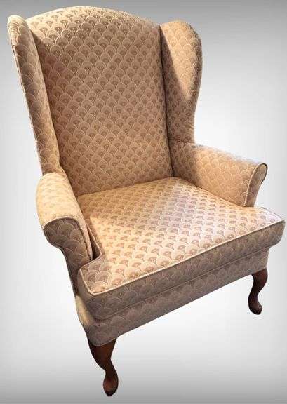 Wingback Chair with Patterned Upholstery and Queen Anne-Style Legs