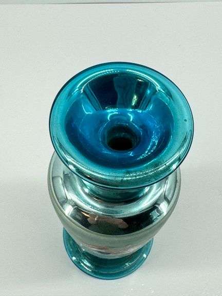 Hand-Painted Blue Iridescent Glass Vase with Floral Design