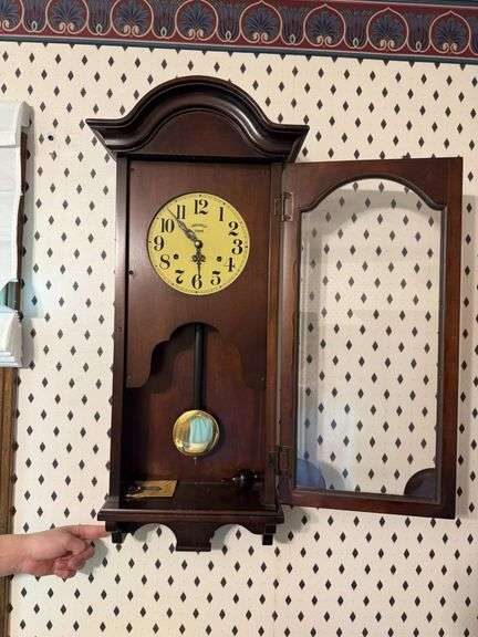 Wooden Wall Clock With Pendulum and Glass Door