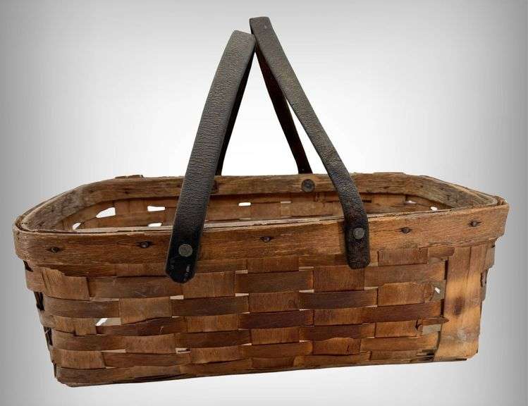 Antique Rectangular Wooden Woven Basket with Leather Handles