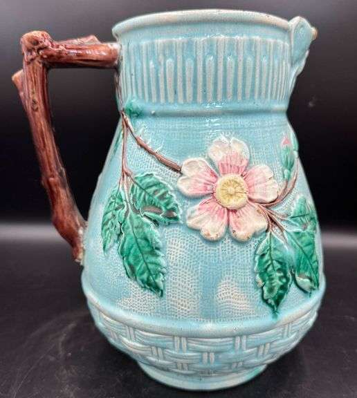 Antique Large Turquoise Dogwood Basketweave Majolica Pitcher