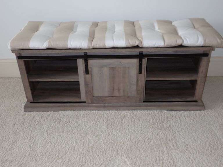 Walker Edison Furniture Company 48 in. Grey Wash Sliding Grooved Door Entry Bench w/cushion