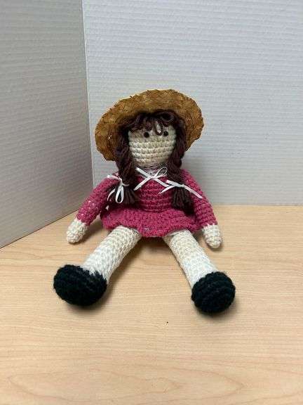 Handmade 13" Crocheted Doll with Straw Hat and Burgundy Dress