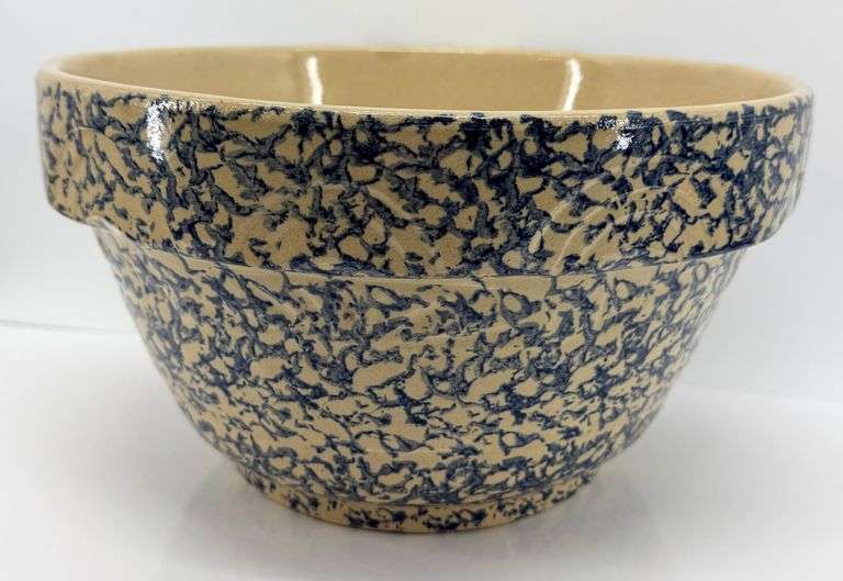 Large Roseville Blue and Beige Spongeware Mixing Bowl with USA Mark