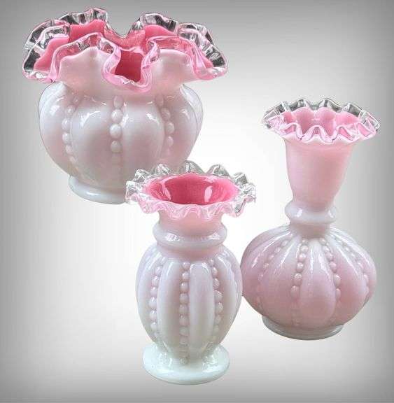 Vintage Fenton Pink and White Ruffled Edge Glass Vases