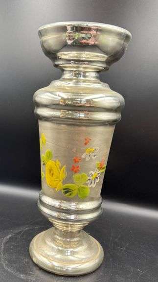 Antique Hand Painted Mercury Glass Vase