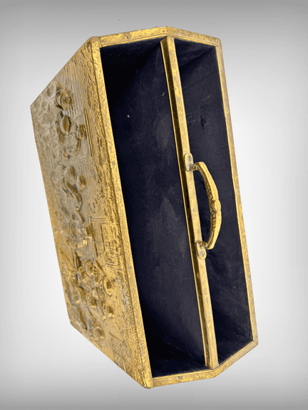 Brass Magazine Holder With Embossed Tavern Scene and Handle