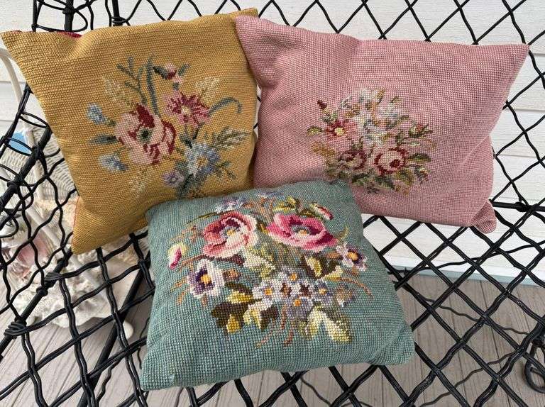 Three Vintage Floral Needlepoint Accent Pillows