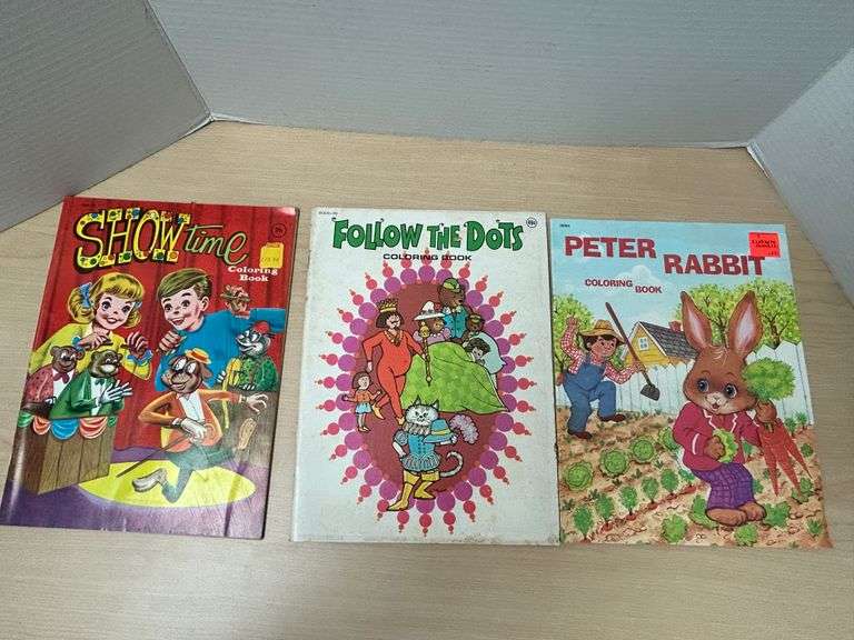 Vintage Coloring Books – Lot of 3: Showtime, Follow the Dots, Peter Rabbit