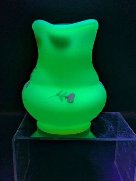 Fenton Pitcher With Hand Painted Pink Blossom on Uranium Custard