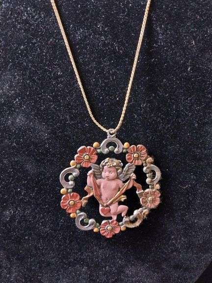 Angel Pendant Necklace with Floral Wreath Frame
