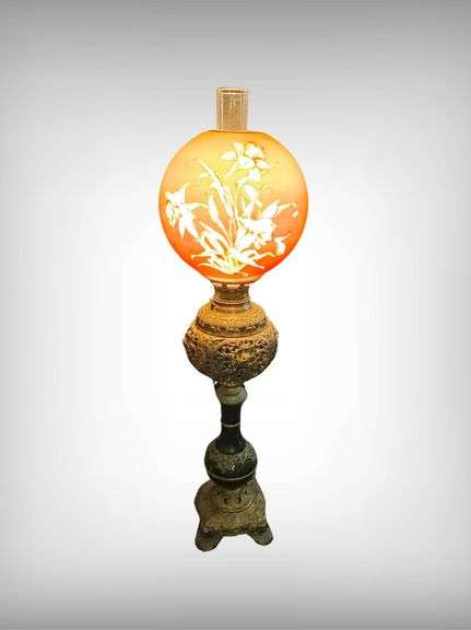 Antique  Early 19th C.  Edwardian Banquet Oil Lamp-Hand Painted