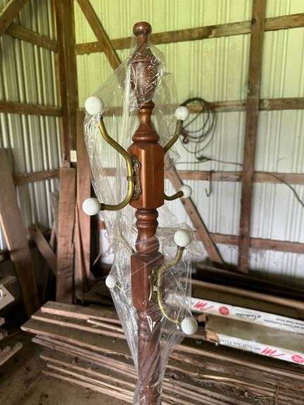 70-Inch Tall Wooden Coat Rack With Brass Hooks and Footed Base