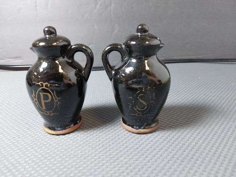 Vintage Ceramic Salt and Pepper Shakers – Black Glaze with Gold Accents
